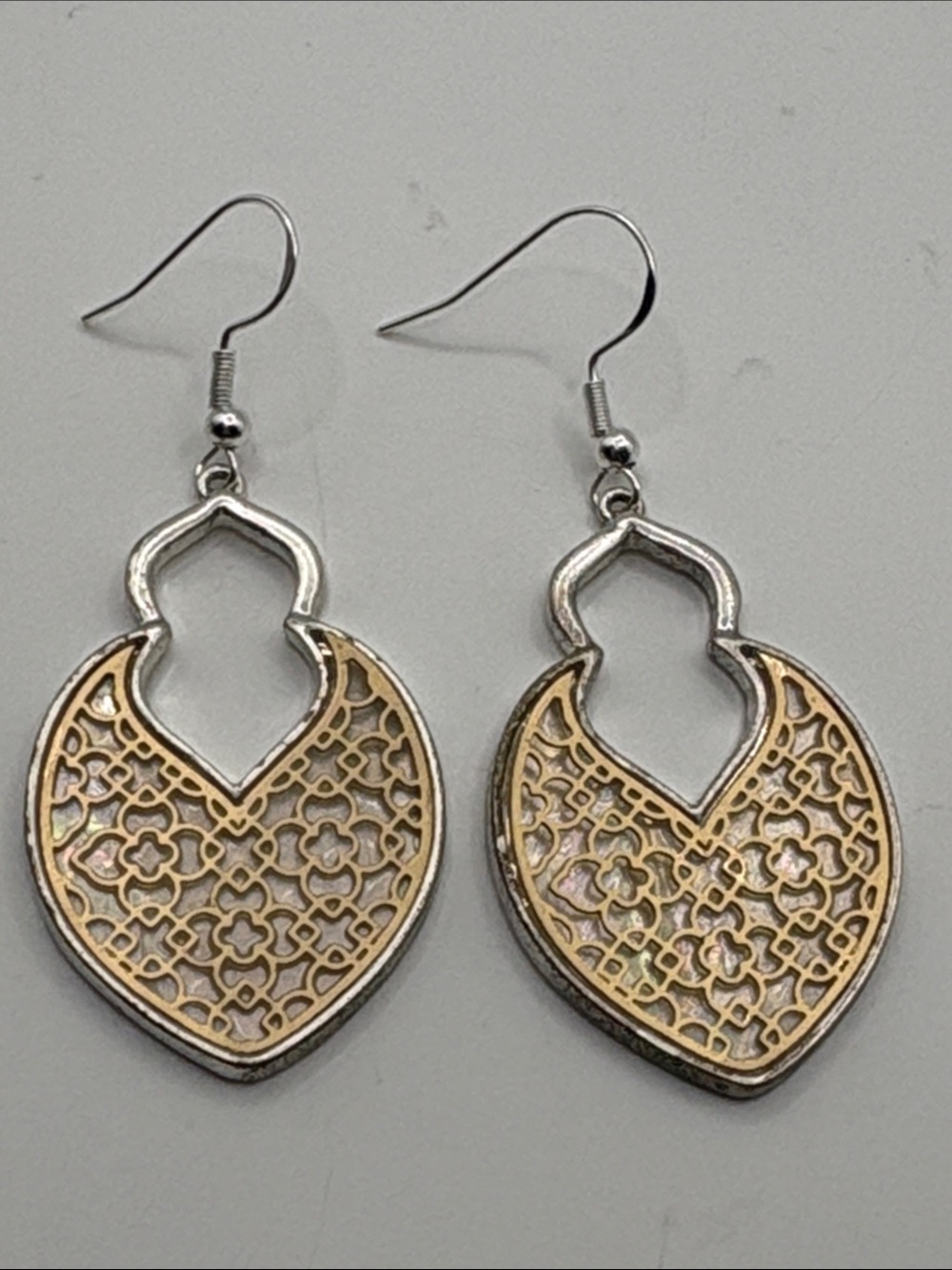 Two-Tone Filigree Heart Drop Earrings - Gold & Silver Vintage